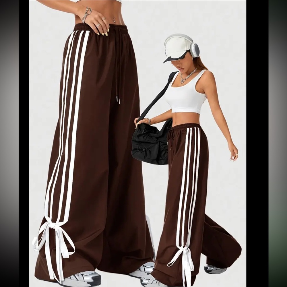 Brown WideLeg Track Pants White Stripes Ankle Ties Streetwear Y2K Baggy Joggers